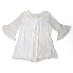 Forgotten Grace White Crocheted Knit Sheer Bell Sleeve Tunic Top Women Small NWT